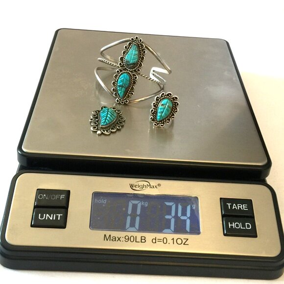 3PC VINTAGE NAVAJO TURQUOISE LEAF STERLING SILVER RING PENDANT CUFF BRACELET 34g - Picture 12 of 12